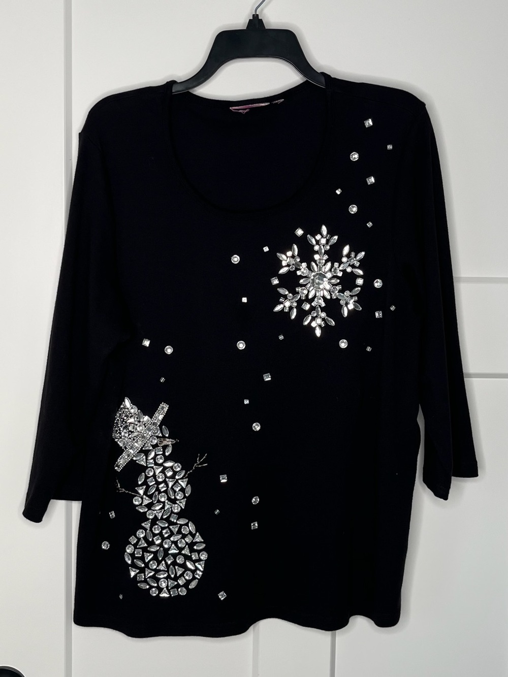 Quacker Factory Black Embellished Holiday Crystal Snowman Top NO TAGS